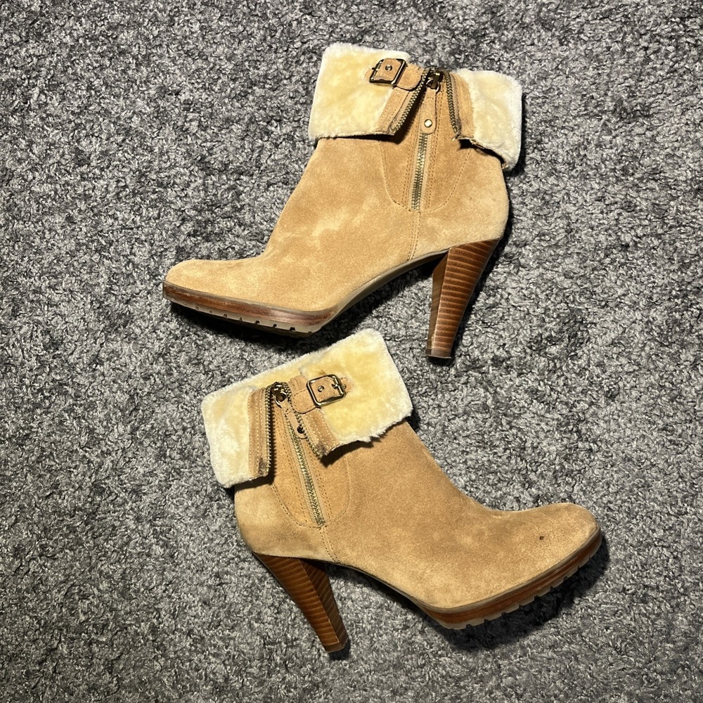 Annie Klein Tan 9.5 Leather Rolled Top Faux Fur Heel Bootie Side Zip